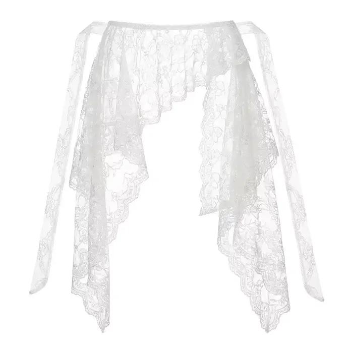 Jupe courte brodée à fleurs avec volants et dentelle, taille haute, ourlet irrégulier, froncée, styl