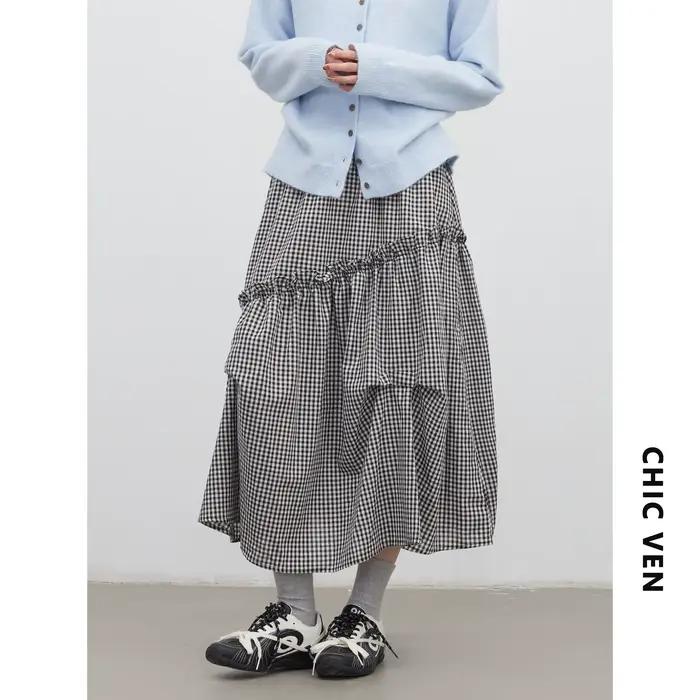 Jupe Femme Chic VEN Taille Haute Coupe Trapèze à Volants Motif Carreaux Noir et Blanc Printemps-Été 