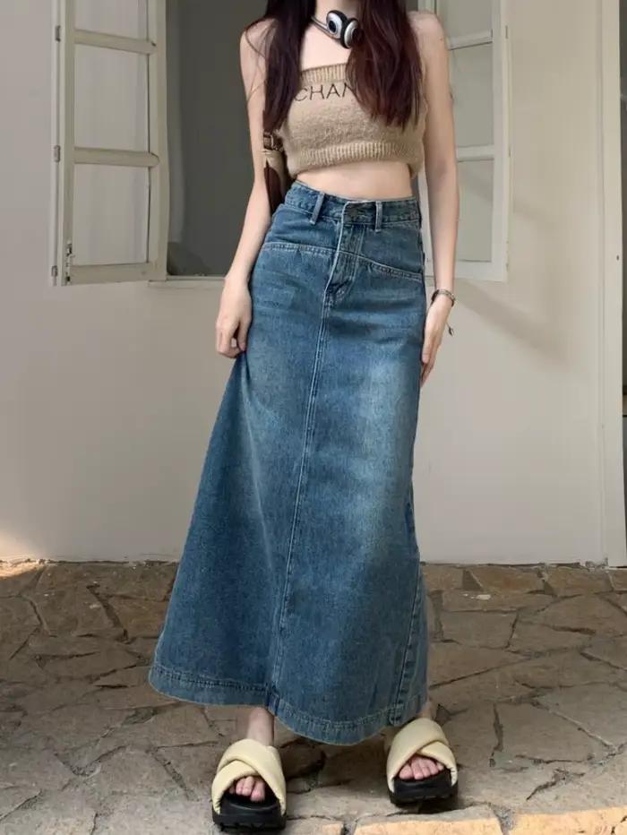 Jupe en jean droite rétro bleue pour femme, taille haute, coupe trapèze fine, avec fente, collection