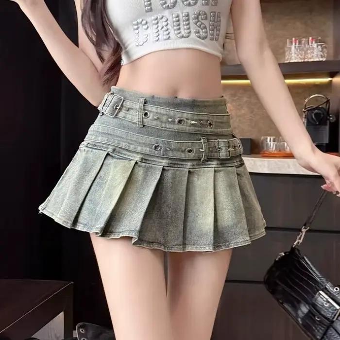 Deeptown Vintage Denim jupe femmes Sexy épicé fille plissée Mini jupe Punk noir gothique Streetwear 