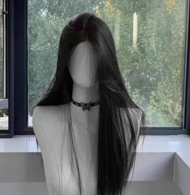 Perruque noire pour femmes, cheveux longs et lisses, bandeau, perruque Lace Front Wig, tempérament C