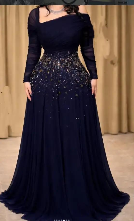 Robes de bal personnalisées bleu marine, col en U, bleu marine kaki, manches longues, pour anniversa