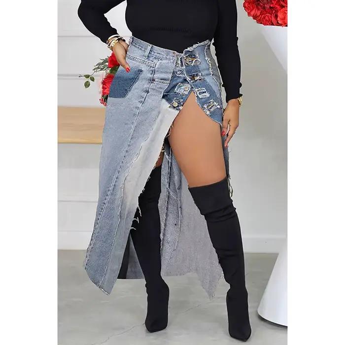 Jupe courte en denim rétro pour femmes, grande taille, décontractée, bouton, jambe fendue, jupe rond