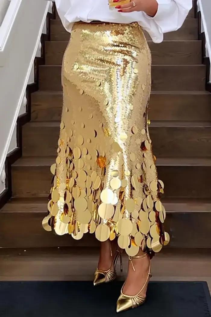 Jupes formelles grande taille pour femmes, élégantes, longues paillettes dorées, soirée, Club, taill