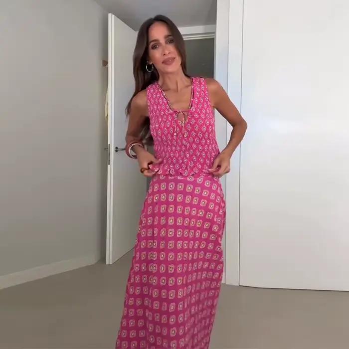 Ensemble de jupes longues imprimées Fuchsia pour femmes, débardeur sans manches à lacets, taille hau