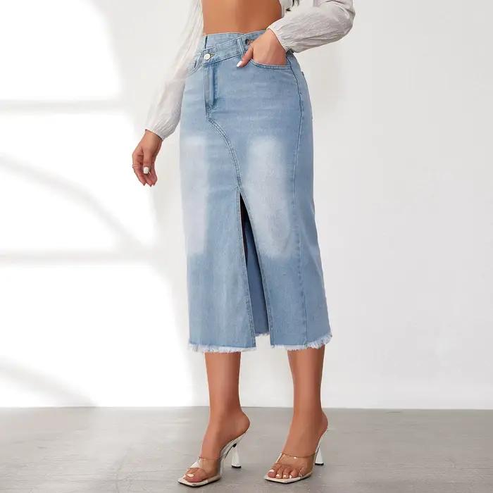 Femmes Denim jupes Sexy lavé Denim taille haute robe crayon Y2k Streetwear fesses bases cheville lon