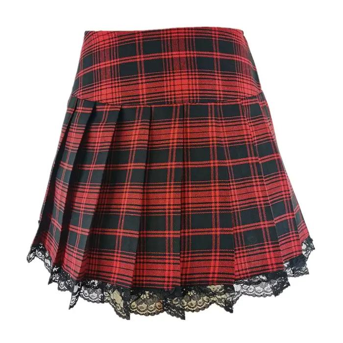 Jupe plissée à carreaux en dentelle contrastée, grande taille, Vintage, Sexy, vêtements de patineuse