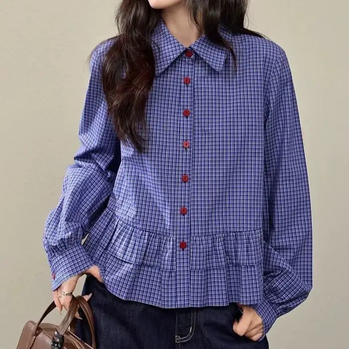 Chemise à carreaux bleue pour femmes, nouveau style printemps 2025, slim et douce, chemise à manches