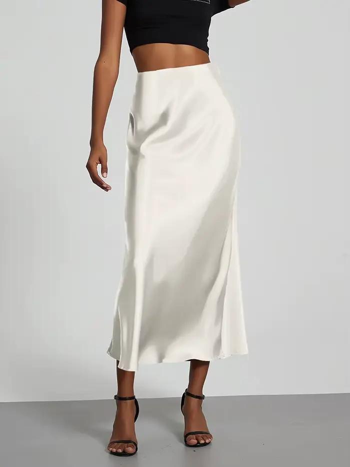 Mode Satin fête jupe longue taille haute couleur unie décontracté basique femmes jupes queue de pois