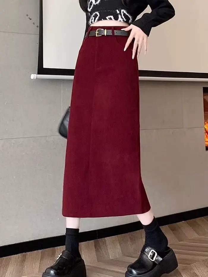 Zoki-Jupe mi-longue en velours côtelé rouge pour femme, ceinture rétro, taille haute, mince, douce, 