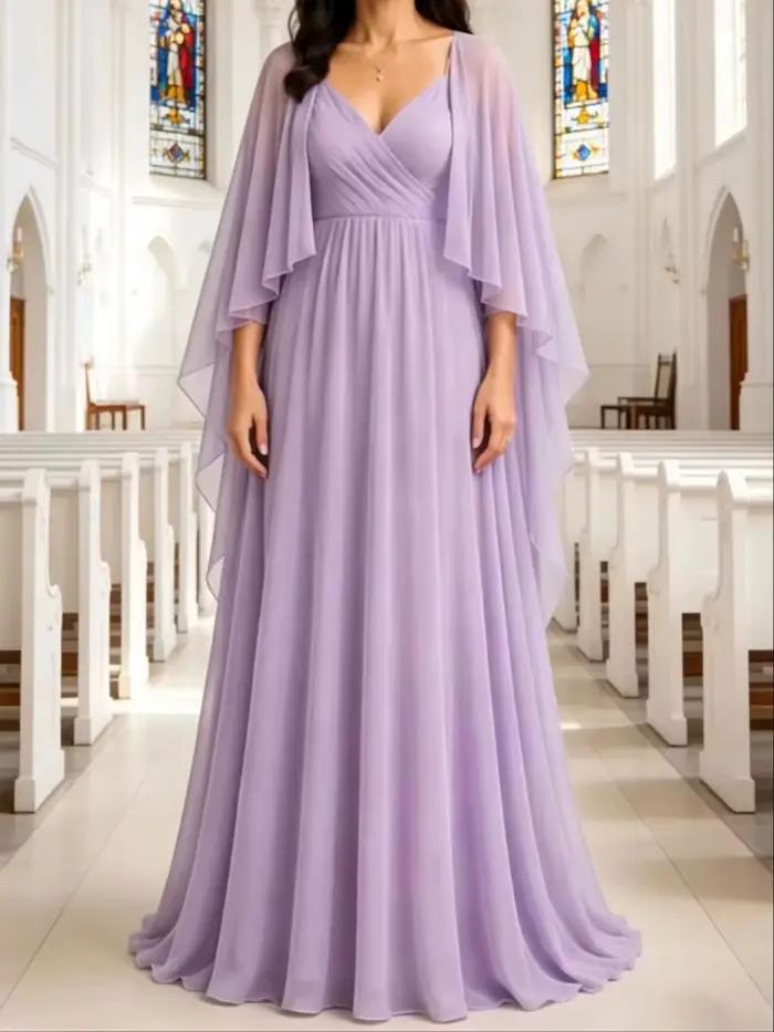 Robe de soirée longue en mousseline de soie lavande, col en V, avec cape, pour mère de la mariée ou 