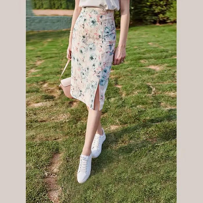 Jupe en mousseline florale OLrain pour femme, taille haute, coupe droite, fente latérale, ajustée au
