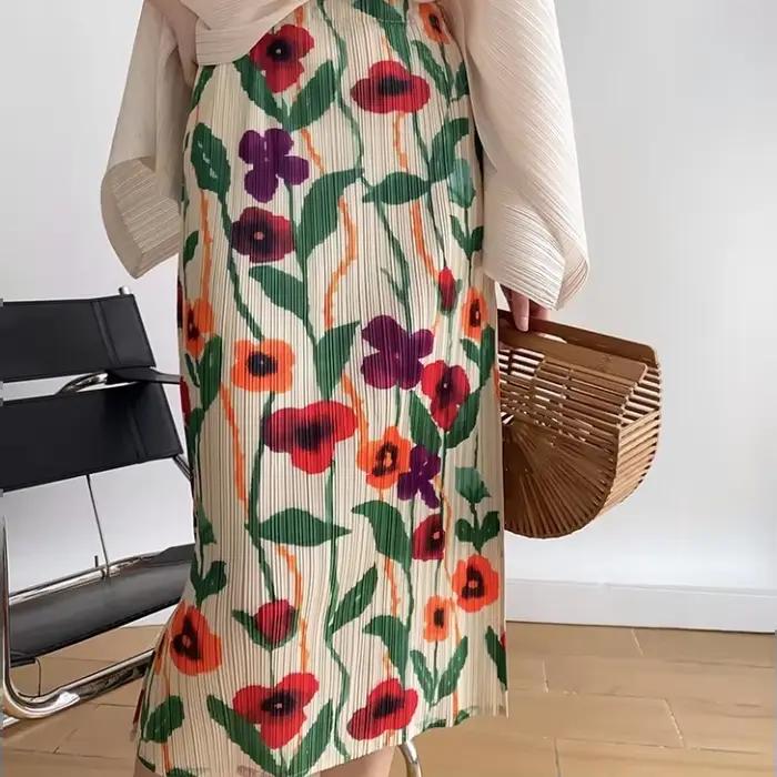 Jupes mi-longues imprimées pour femmes, vintage, vacances d'été, fente arrière, esthétique, style Lu