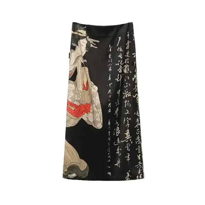 Jupes longues fendues en A pour femmes, imprimé tie-dye noir, style Harajuku, streetwear japonais, g