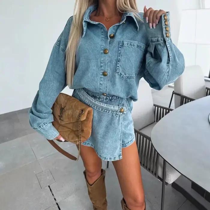 Ensemble jupe Vintage pour femmes, Y2K, manches longues, poches, manteau en jean, veste, Mini jupe i
