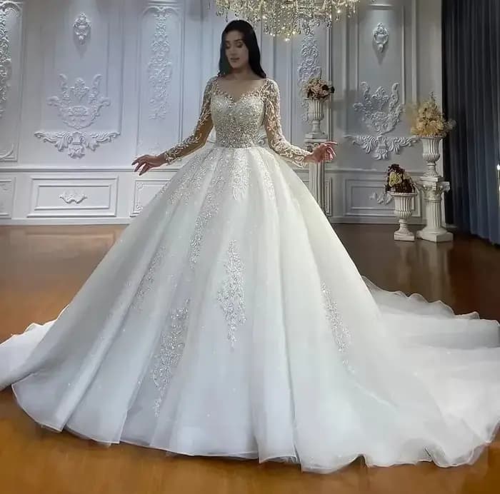 Robe de mariée luxueuse en dentelle pour femmes, manches longues, appliques, longueur au sol, robe d