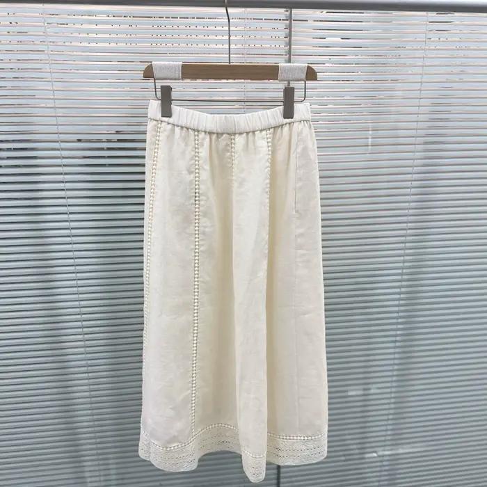 Jupe mi-longue élégante en lin pour femme, taille élastique, dentelle ajourée brodée, printemps-été