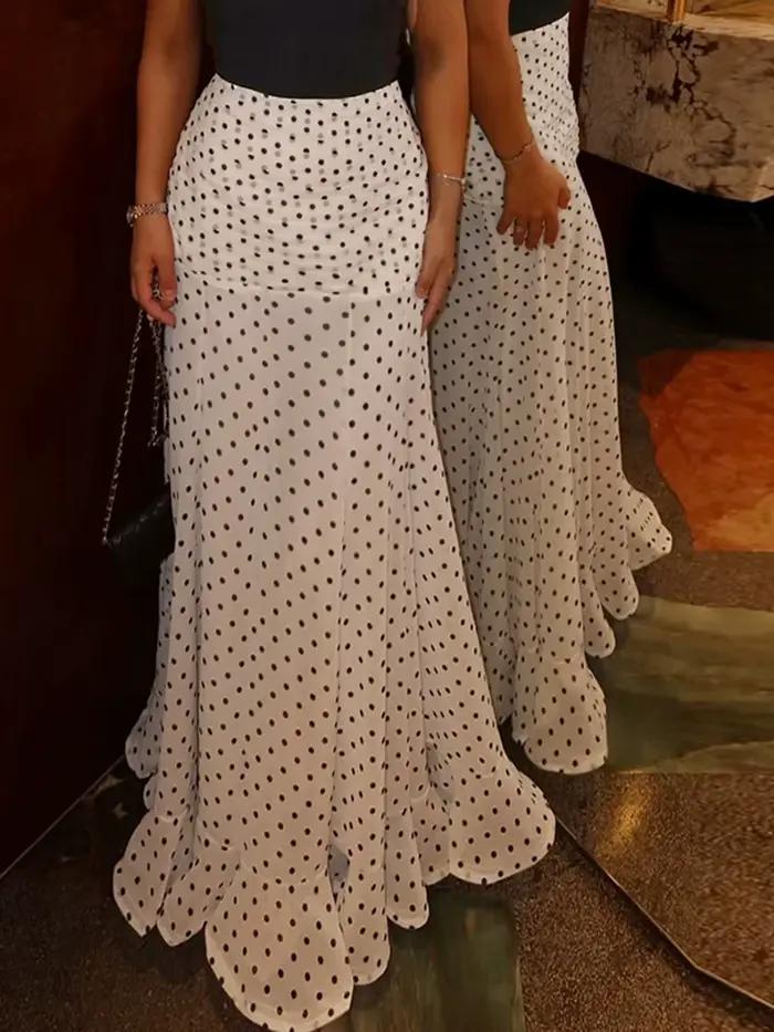 Jupe longue sirène élégante à pois pour femme, taille haute, froncée, avec ourlet à volants, collect