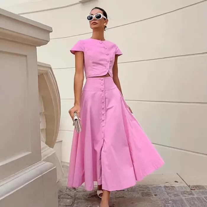 Ensemble jupe longue élégante style français pour femme, haut rose parfumé et jupe, ensemble deux pi