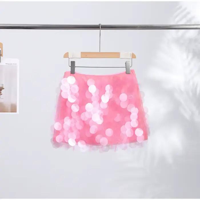 Mini-jupe rose à sequins sexy pour femme, avec détails de grands sequins, idéale pour les soirées, c