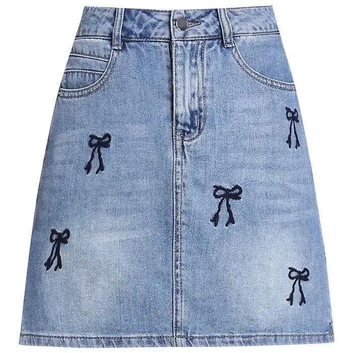 ZUZK-Mini jupe courte en jean brodée, demi-jupe, ligne A, enveloppée, douce, mode amincissante, mign