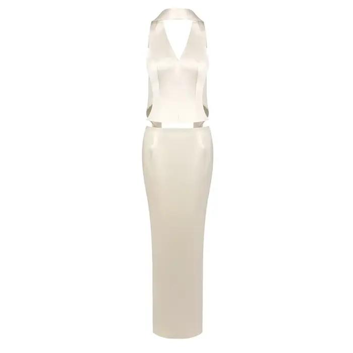 Ensemble 2 pièces en satin pour femme : haut court dos nu en V profond et jupe longue sirène taille 