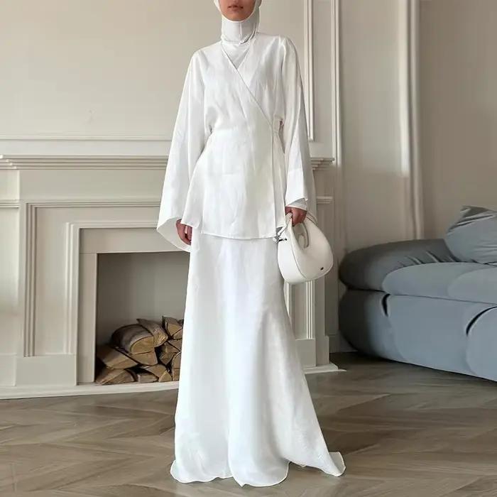 Ensemble chemise et jupe Chic pour femmes, élégant, col en v, manches longues évasées, jupes sirène,