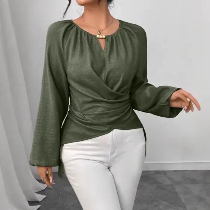 Chemisier élégant pour femme à col rond, détails perlés, manches longues lanternes, taille froncée, 
