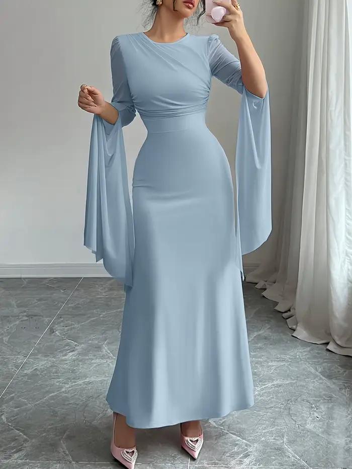 Robe longue pour femme, col rond, robe moulante, manches cloche, manches longues, tendance, coupe aj