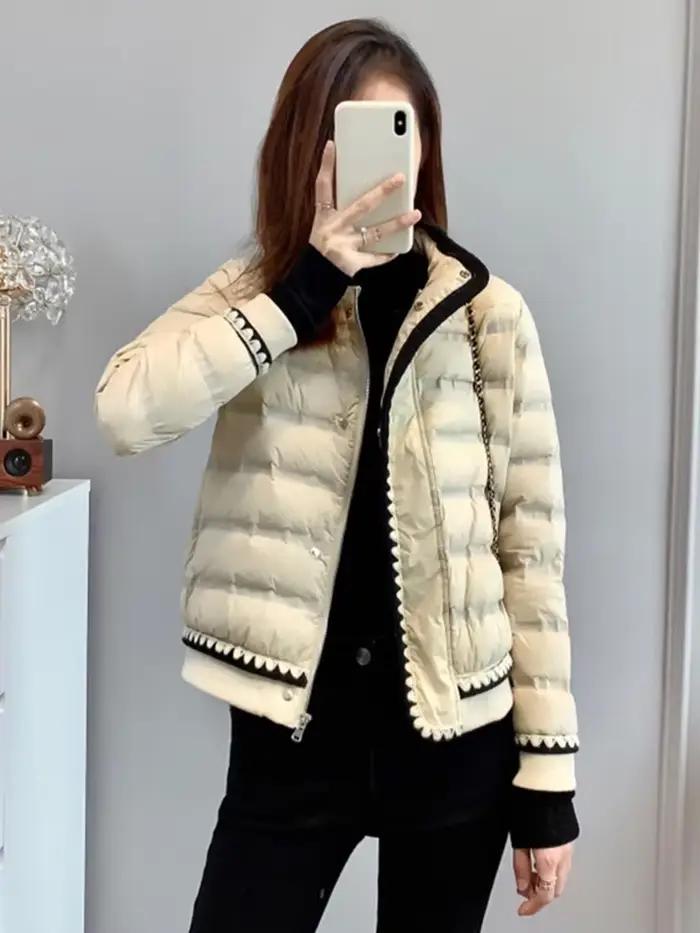 Manteau en duvet de canard blanc pour femme, veste en dentelle avec fermeture éclair, parka de neige