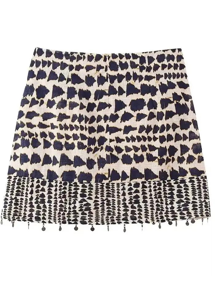 Jupe portefeuille à imprimé géométrique pour femmes, Mini jupe Sarong nouée Vintage avec pompon perl