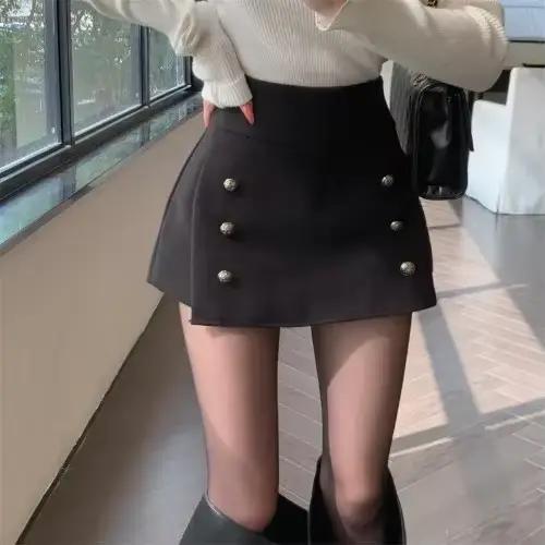 Jupe en laine à double boutonnage pour femme, jupe trapèze simple et gracieuse, gaine sexy, culotte 