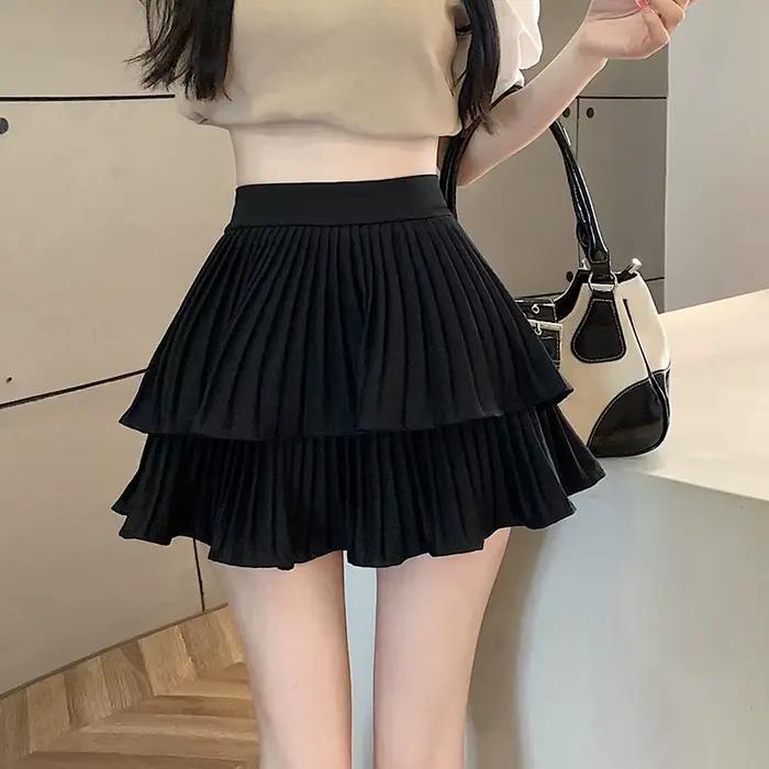 Jupe plissée double couche unie pour femme, taille haute, volants, style Y2K, mini-jupe trapèze blan