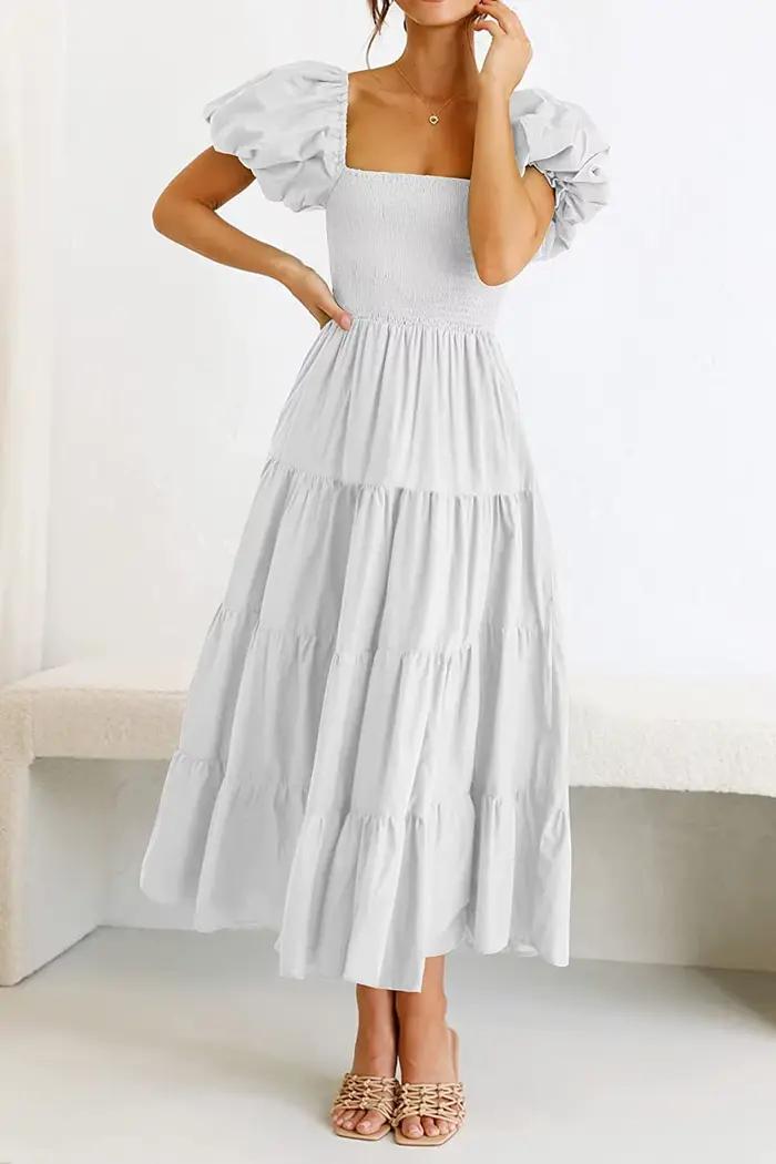 Robe Maxi Smockée à Plusieurs Niveaux pour Femme, Manches Courtes Bouffantes, Col Carré, Style Boho,