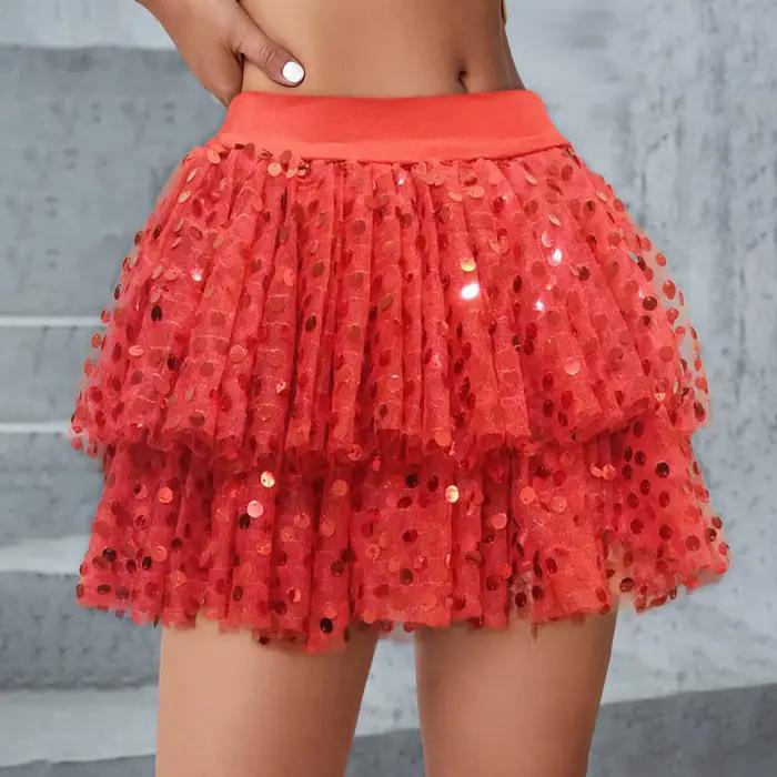 Femmes paillettes mode a-ligne jupe paillettes taille haute maille Double couche Tutu jupe Clubwear 