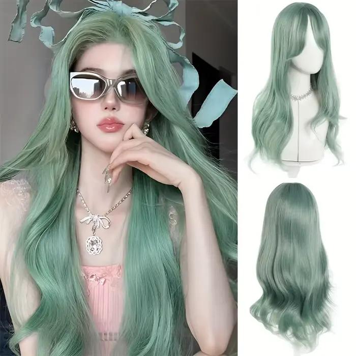Perruque synthétique longue ondulée vert menthe pour femme avec frange naturelle à la raie centrale,