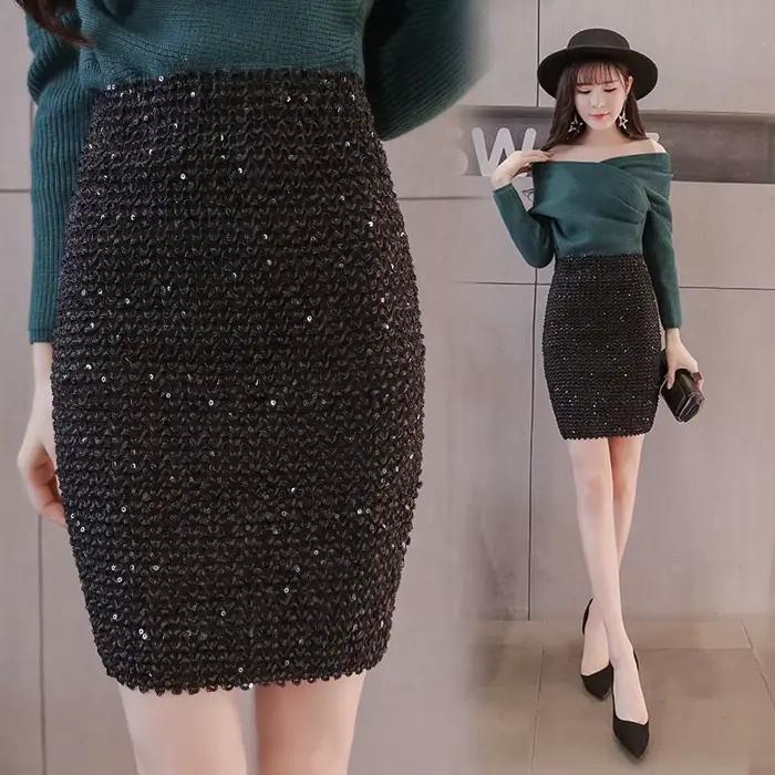 Jupes mi-longues à sequins pour femmes, jupe ronde, taille haute, vêtements élastiques, mode coréenn