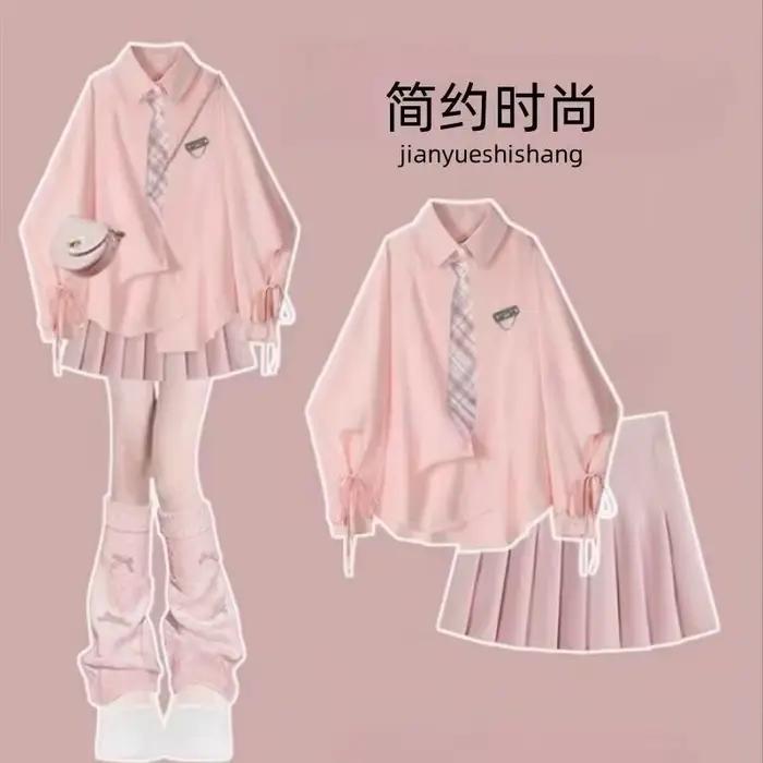 Ensemble jupe et chemisier à carreaux roses, style universitaire, mode printemps, esthétique fraîche