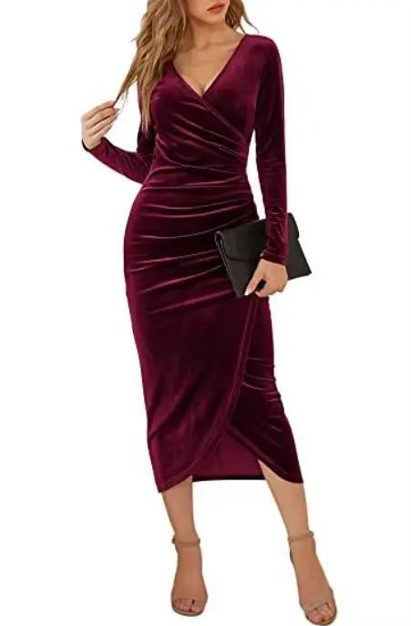 Robes de bal à manches longues, sirène élégante, froncée, velours, pour invités de mariage, Cocktail