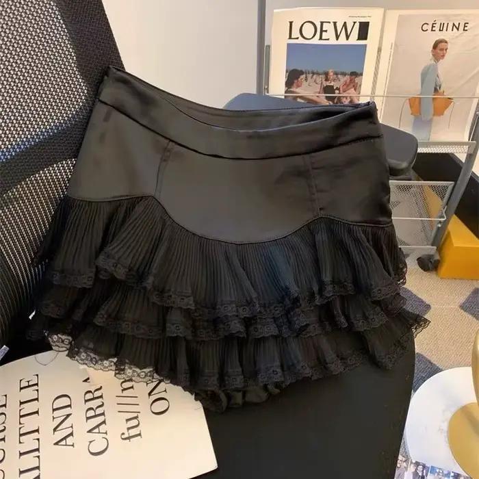 Jupe trapèze en dentelle à volants, jupe courte blanche taille haute, jupe plissée pour femmes