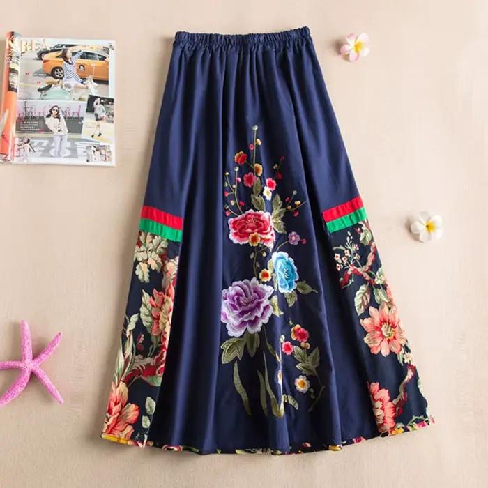 Jupe longue brodée florale pour femmes, en coton et lin, ethnique, ligne a, Midi, cercle complet, ju