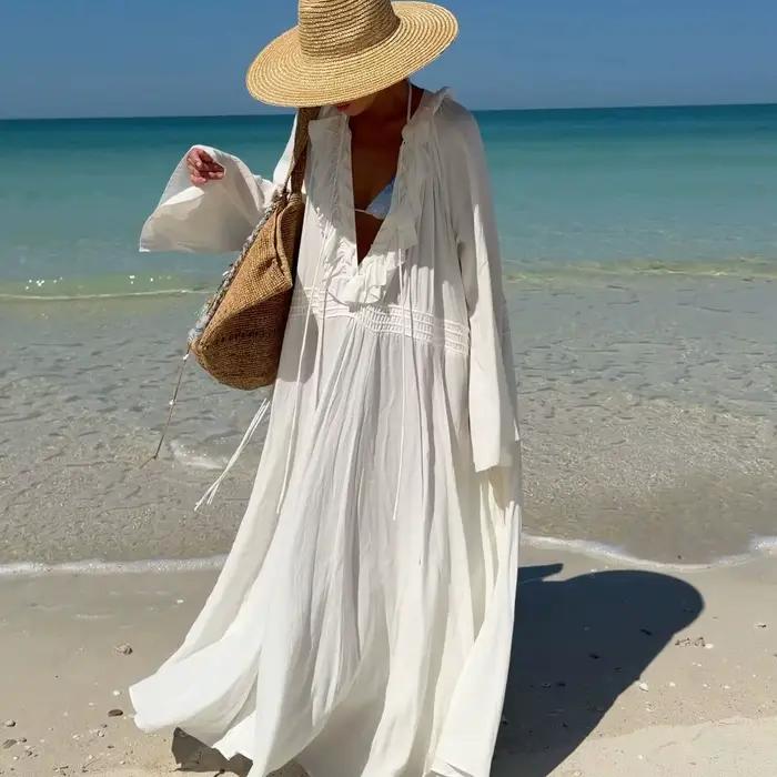 Robe de plage blanche pour femme, col en V, manches longues, maxi kaftan, style bohème, paréo de bai