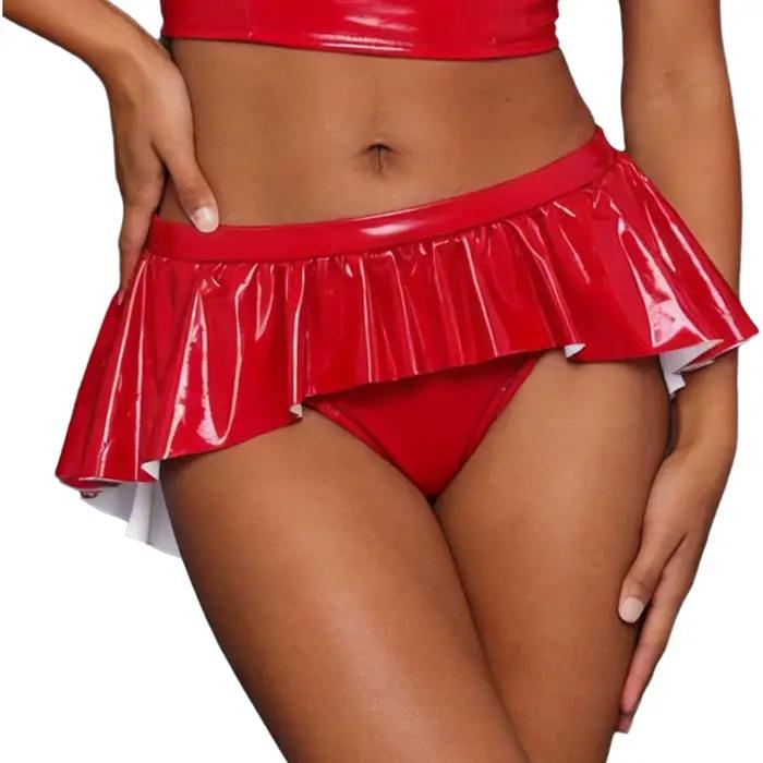 Mini-jupe taille basse pour femme, shorty en similicuir PU effet mouillé, jupe irrégulière à volants