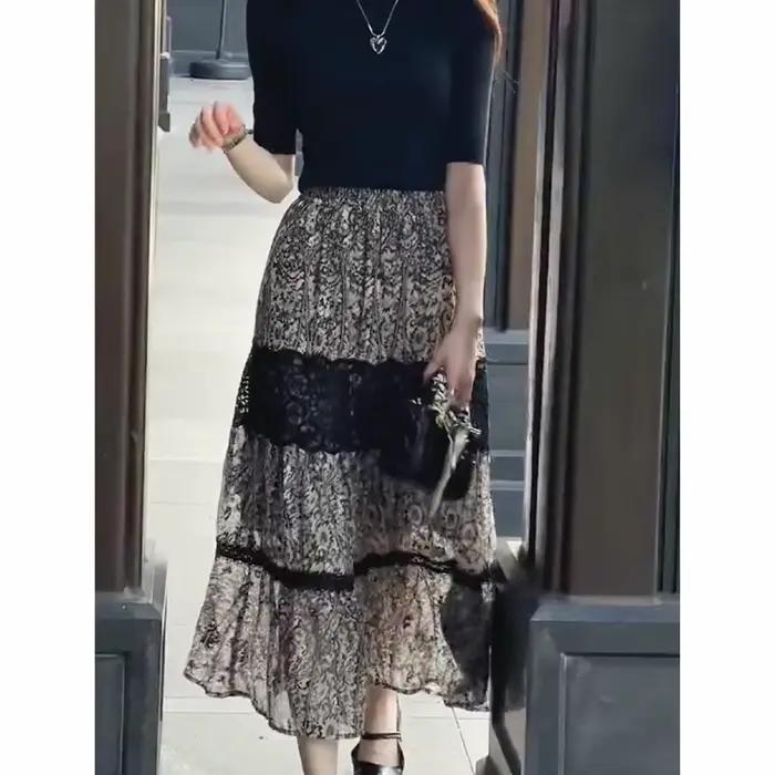 Jupe mi-longue noire à fleurs pour femmes, en mousseline de soie, Patchwork, vêtements tendance, est