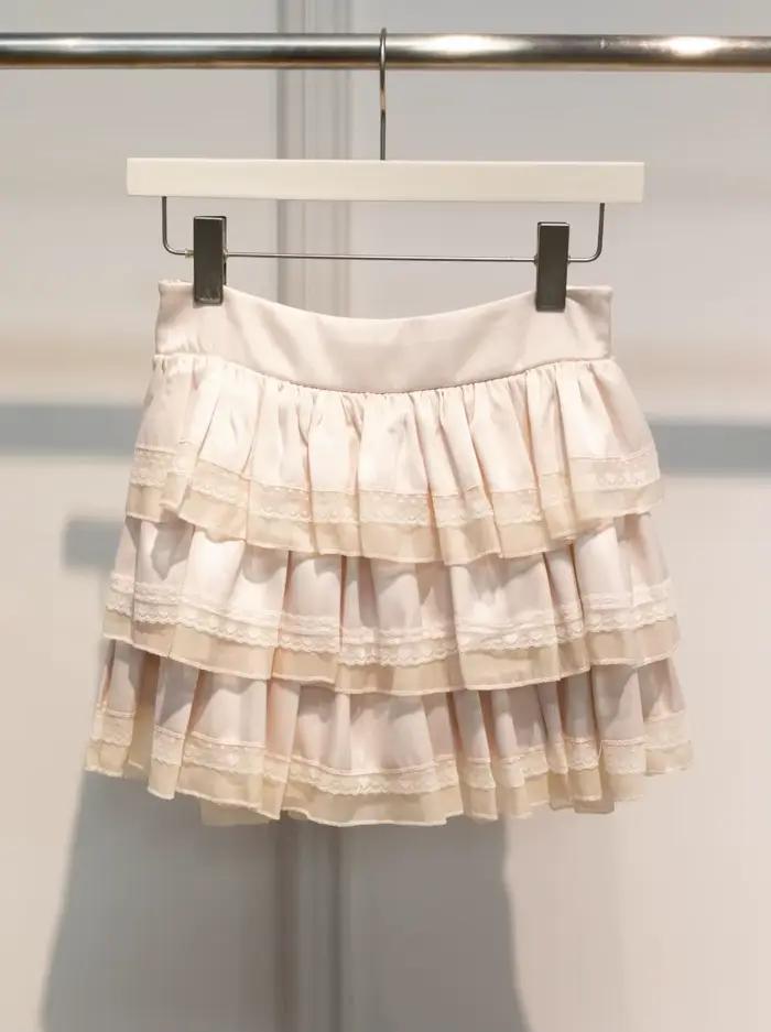 Rose dentelle garniture volants a-ligne jupes femmes été nouveau coton élastique taille haute courte