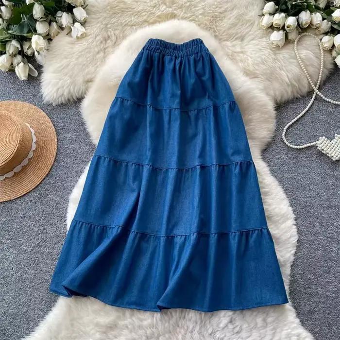 Jupe longue en jean décontractée pour femme Karofi, en coton, à volants superposés, taille élastique