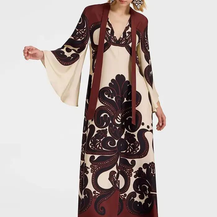 Robe longue à lacets pour femmes, motif ethnique musulman imprimé, Vintage, Sexy, col en V, manches 
