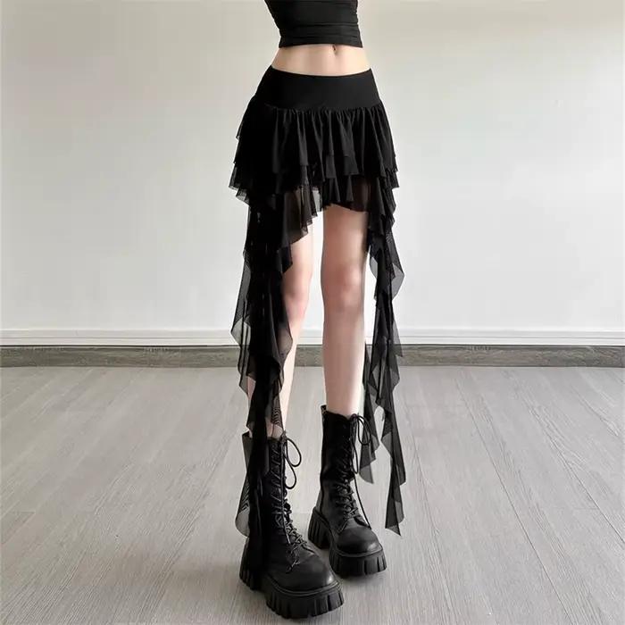 Jupe noire et blanche printemps-été, jupe sexy à volants pour femmes, taille haute, élégante, irrégu
