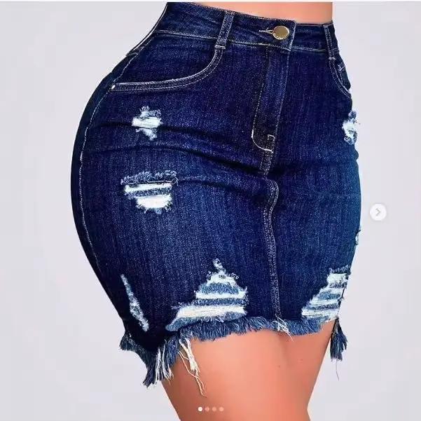 Jupe en jean femmes jupes d'été trou taille haute Stretch déchiré poches en détresse lavé hanche env