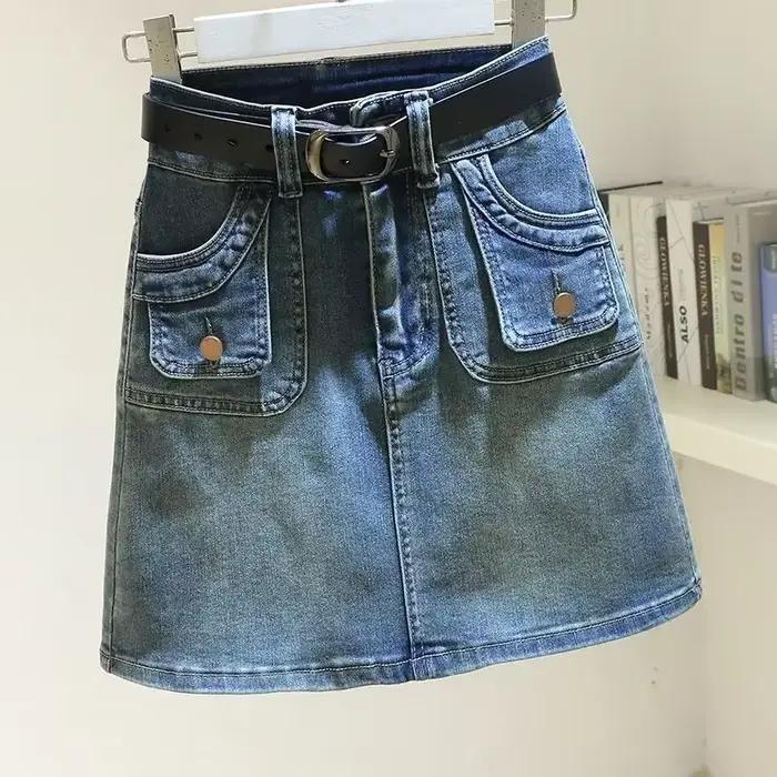 Jupe courte en jean bleu pour femme, mini jupe en jean avec poche, fermeture éclair, taille haute, s